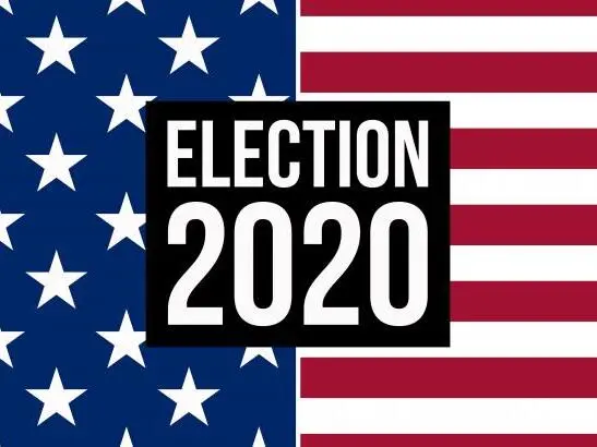 election 2020 logo over US flag